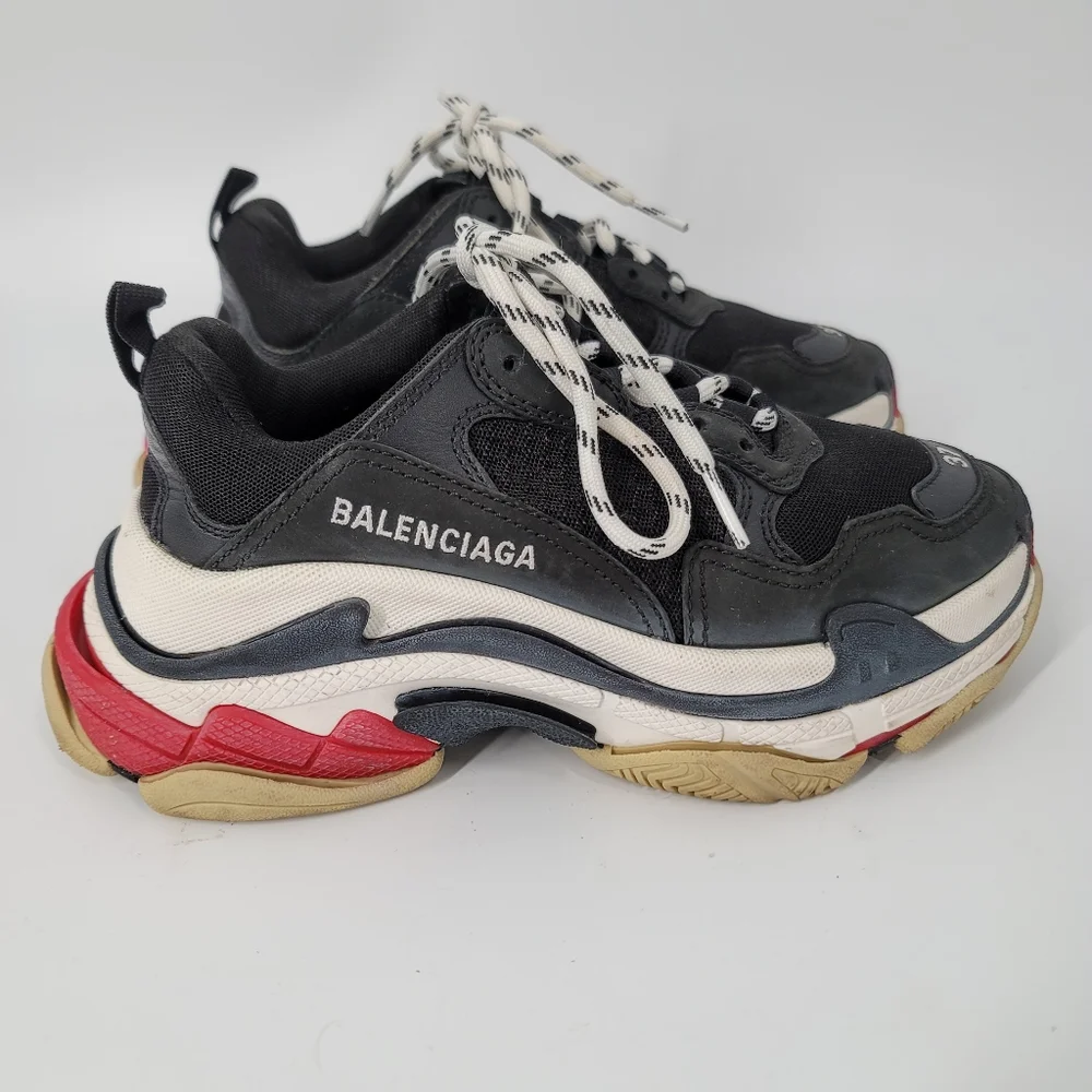 Balenciaga Black Leather Mesh Triple S Sneakers Size 7 HEAVY